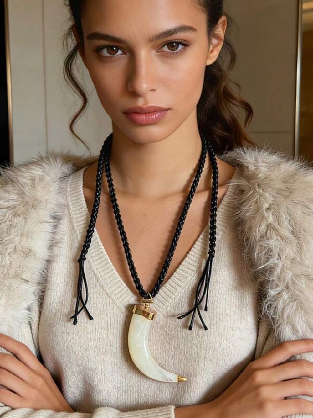 Black Braided Cord Necklace with Cream Horn Pendant